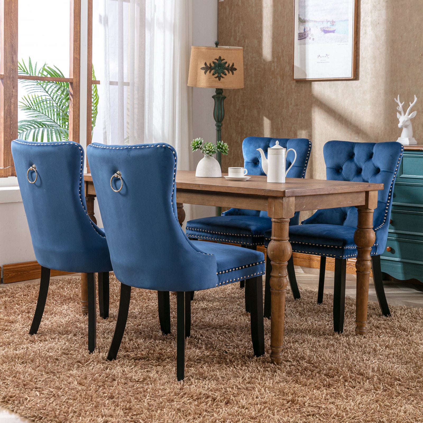 Nikki Collection Modern, High-end Tufted Solid Wood Contemporary Velvet Upholstered Dining Chair with Wood Legs Nailhead Trim 2-Pcs Set,Blue, SW2001BL - Grand Goldman Shop
