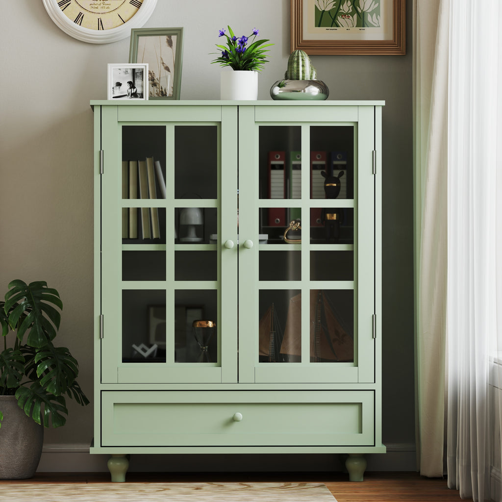 Minimalism Buffet Cabinet with Double Glass Doors and Drawer, Modern Wooden Storage Sideboard Cupboard, Mint Green, MDF and Solid Wood, 28''x15''x36.22'' - Grand Goldman Shop