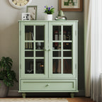 Minimalism Buffet Cabinet with Double Glass Doors and Drawer, Modern Wooden Storage Sideboard Cupboard, Mint Green, MDF and Solid Wood, 28''x15''x36.22'' - Grand Goldman Shop