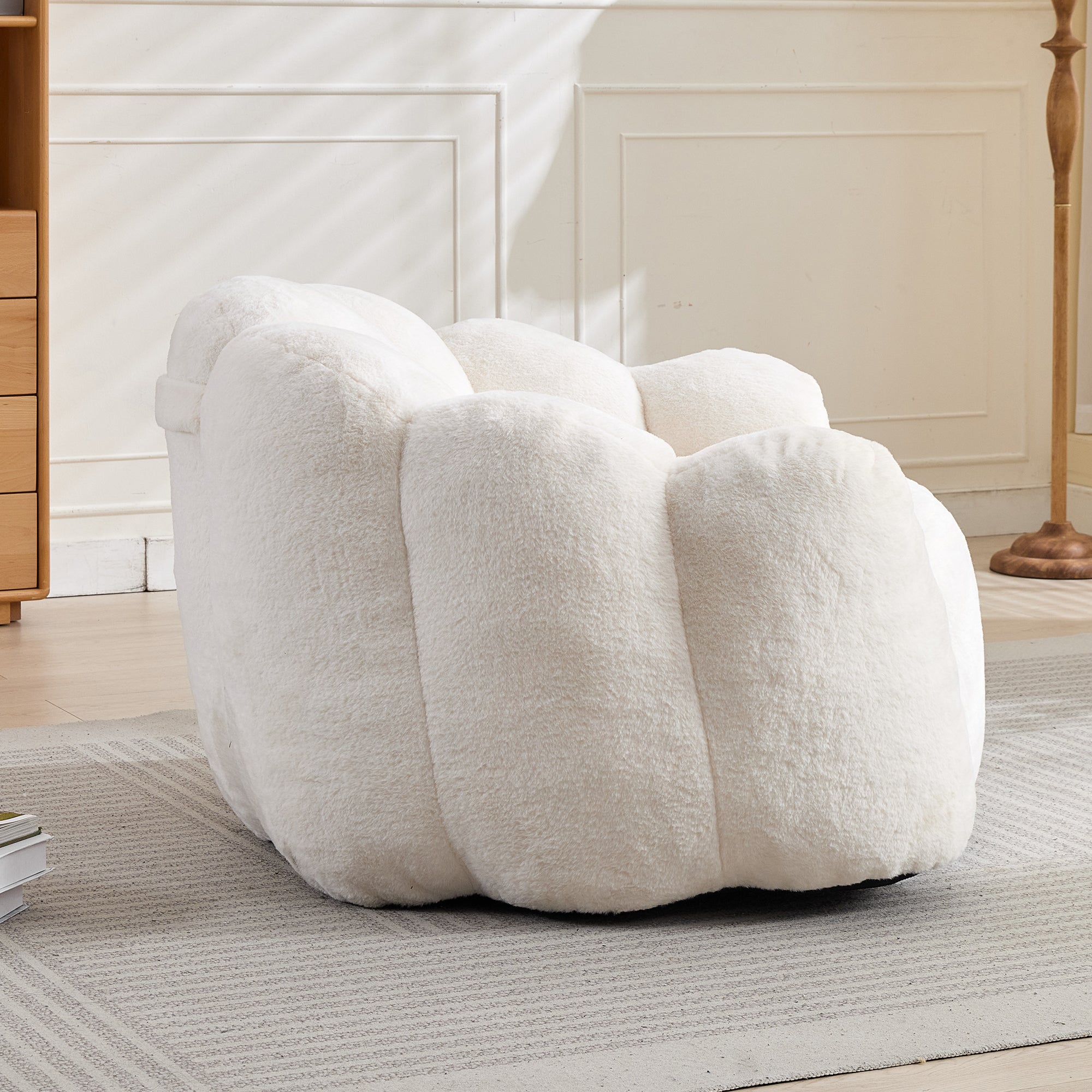 Lotus Style Compression Sofa Adult Bean Bag with Pull Ring, White Plush, 43.7 x 39.76 x 26.77 inches, No Installation Required - Grand Goldman Shop