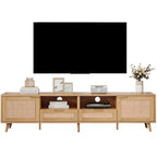 Modern Farmhouse Rattan TV Stand for TVs up to 85'', Solid Wood Legs, Media Console with MDF Board, Living Room Entertainment Center in Wood Finish - Grand Goldman Shop