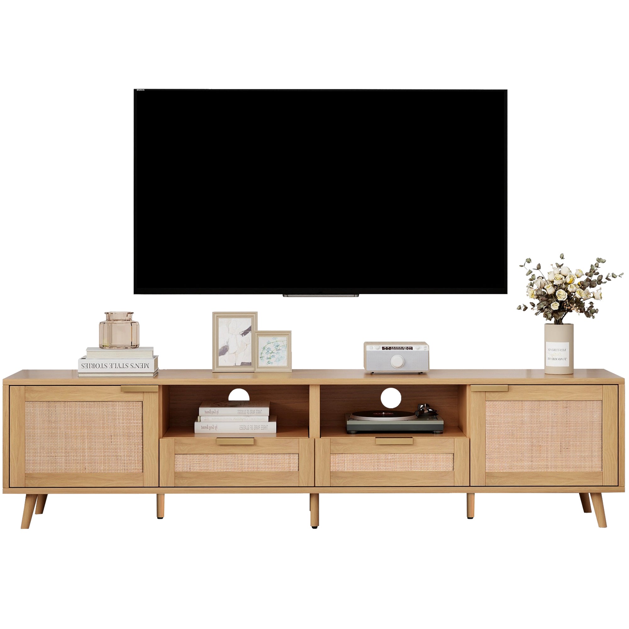 Modern Farmhouse Rattan TV Stand for TVs up to 85'', Solid Wood Legs, Media Console with MDF Board, Living Room Entertainment Center in Wood Finish - Grand Goldman Shop