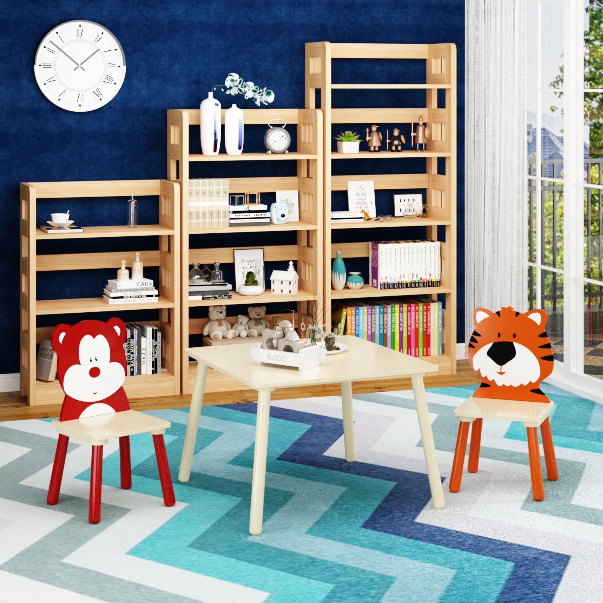 Kids Table and 2 Chairs Set, Wooden Activity Play Table Set with Bear & Tiger Design in White & Orange, Solid Wood and MDF Co