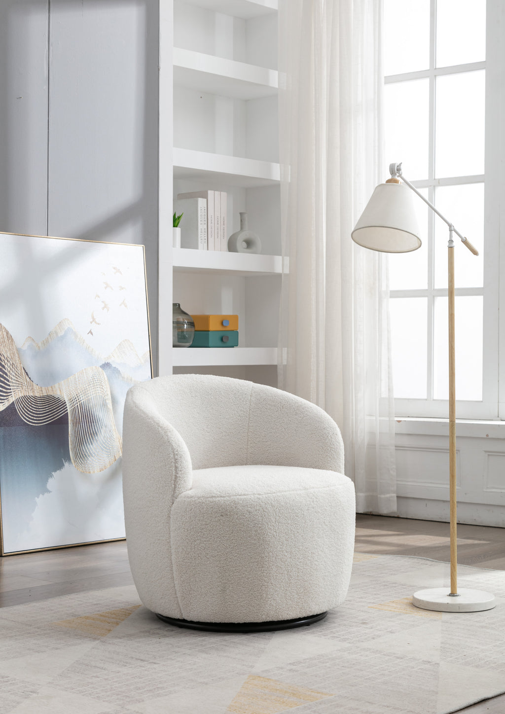 Teddy Fabric Swivel Accent Armchair Barrel Chair With Black Powder Coating Metal Ring,Ivory White - Grand Goldman Shop