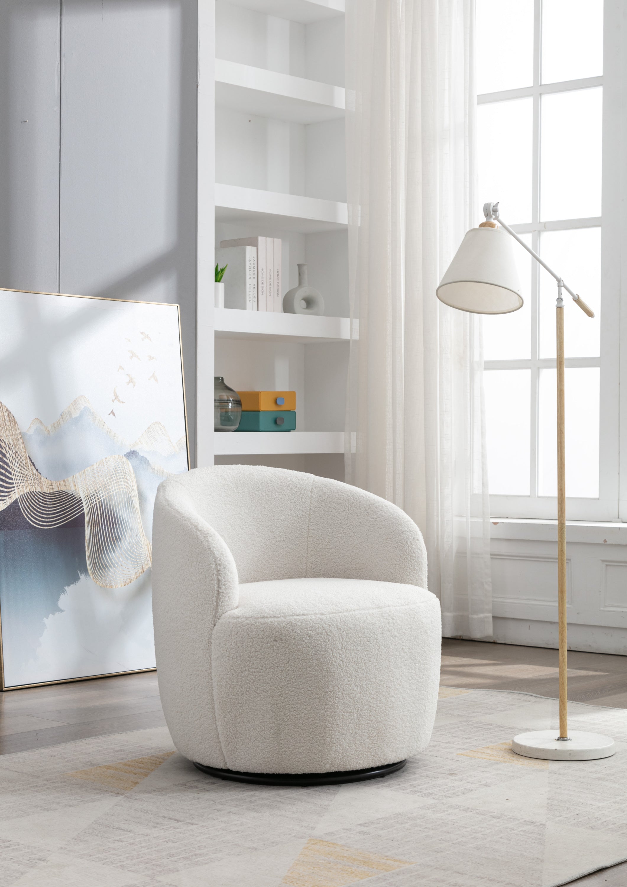 Teddy Fabric Swivel Accent Armchair Barrel Chair With Black Powder Coating Metal Ring,Ivory White - Grand Goldman Shop