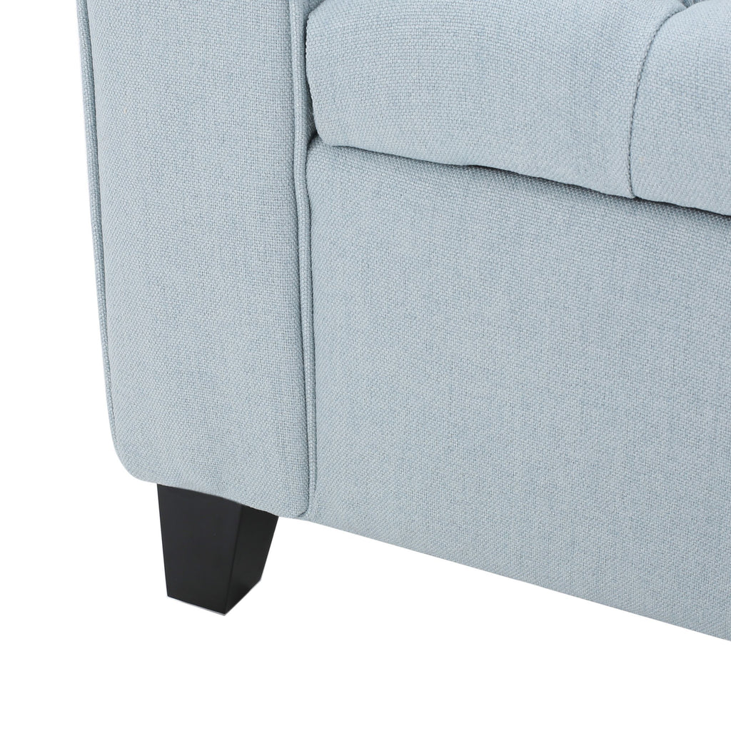 Contemporary Storage Ottoman with Rolled Arms and Button Tufting in Wheat Fabric, 50-inch - Grand Goldman Shop