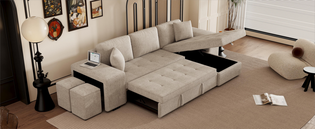 Modern L-Shape 3 Seat Reversible Sectional Couch with Pull Out Sleeper, Storage Chaise & 2 Stools, Cream, Linen Chenille - Grand Goldman Shop