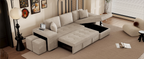 Modern L-Shape 3 Seat Reversible Sectional Couch with Pull Out Sleeper, Storage Chaise & 2 Stools, Cream, Linen Chenille - Grand Goldman Shop