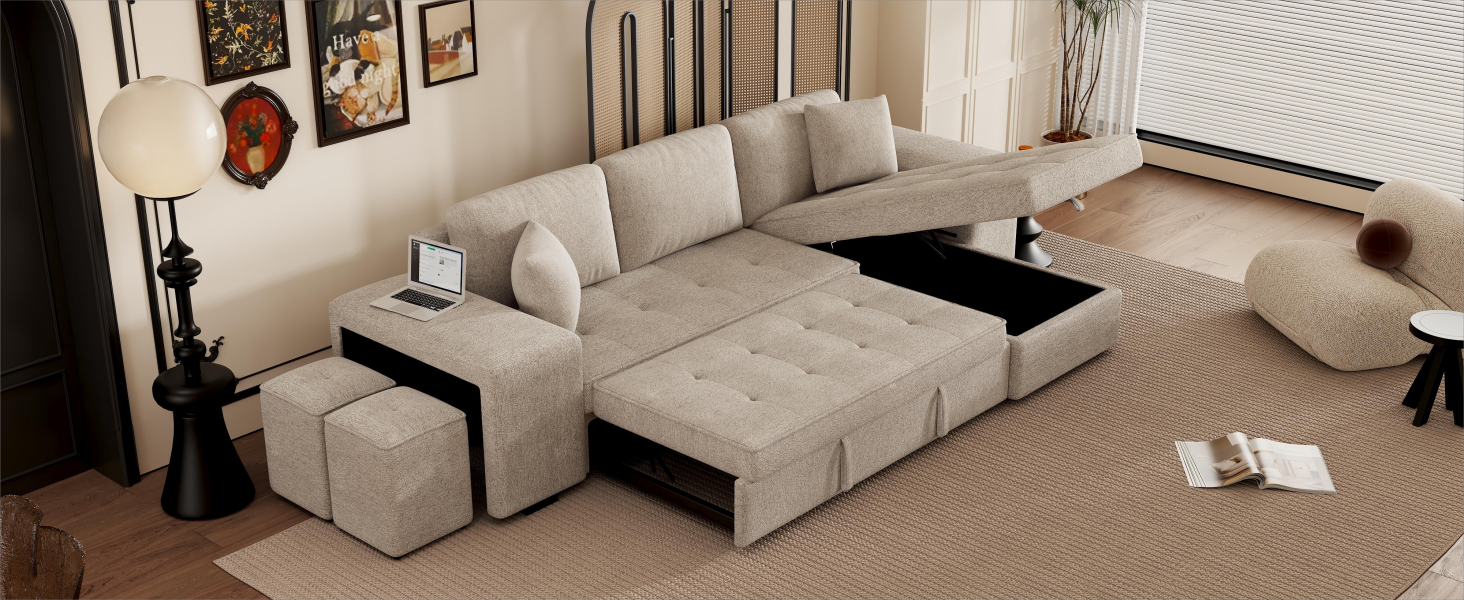 Modern L-Shape 3 Seat Reversible Sectional Couch with Pull Out Sleeper, Storage Chaise & 2 Stools, Cream, Linen Chenille - Grand Goldman Shop