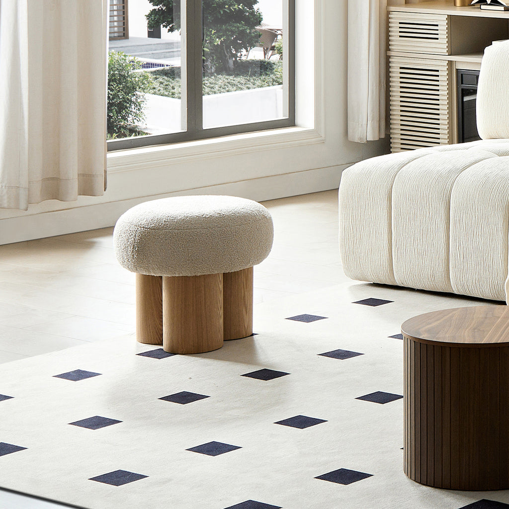 W8017-1 Mushroom Stool with Greige Plush Cushion, Wooden Barrel PVC Pipe, Walnut Finish - Grand Goldman Shop