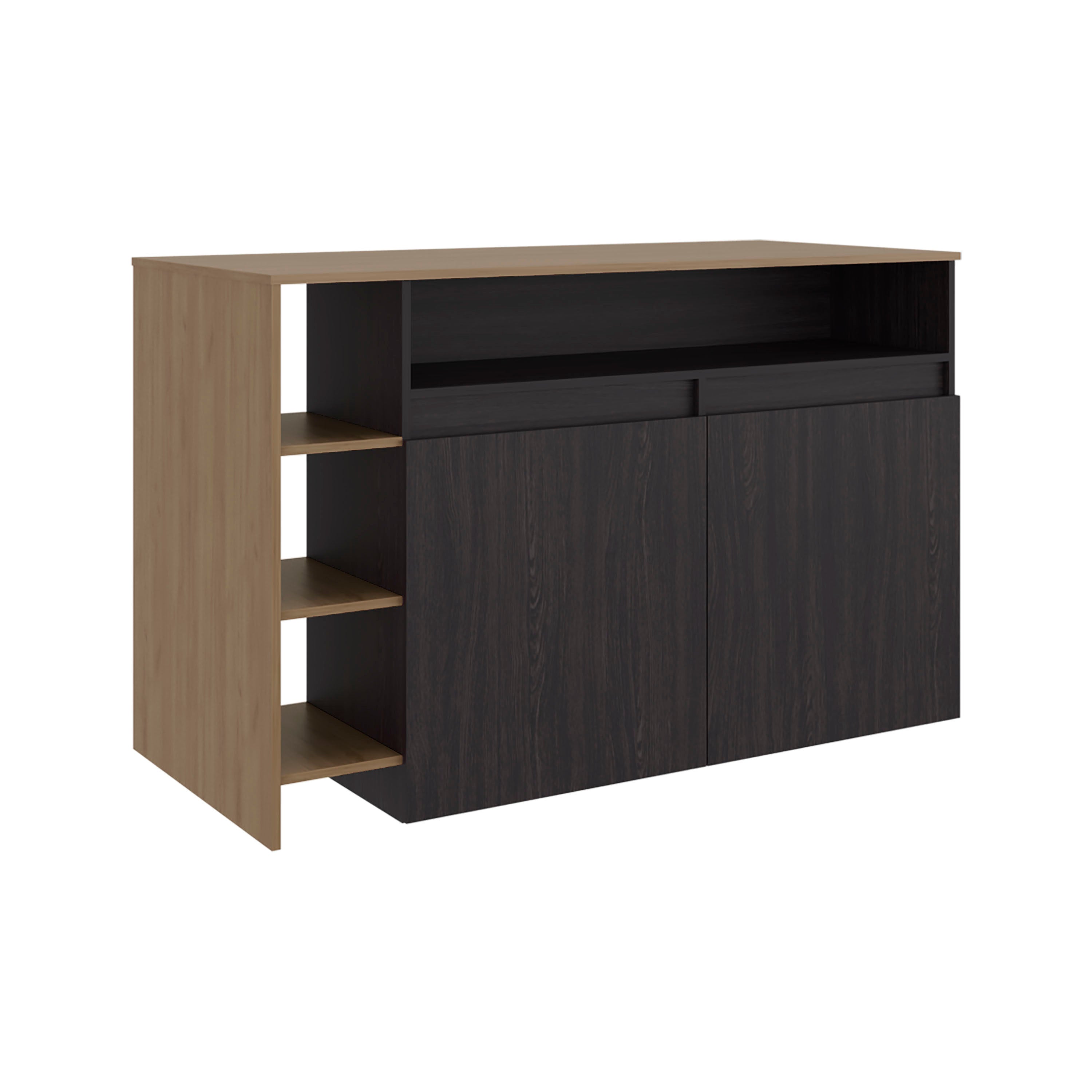 Elgin Kitchen Bar Counter with Ample Storage and Shelves, Black Wengue / Natural Oak - Grand Goldman Shop