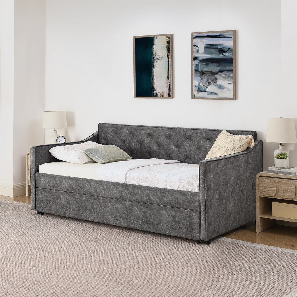 Grey Velvet Mid-Century Style Twin Upholstered Daybed with Pop-Up Trundle and USB Charging Armrest - Grand Goldman Shop