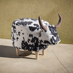 Cow-Shaped Ottoman Footstool, Black and White Modern Accent Stool with Velvet Horns, Fabric Body, Birch Legs - Grand Goldman Shop