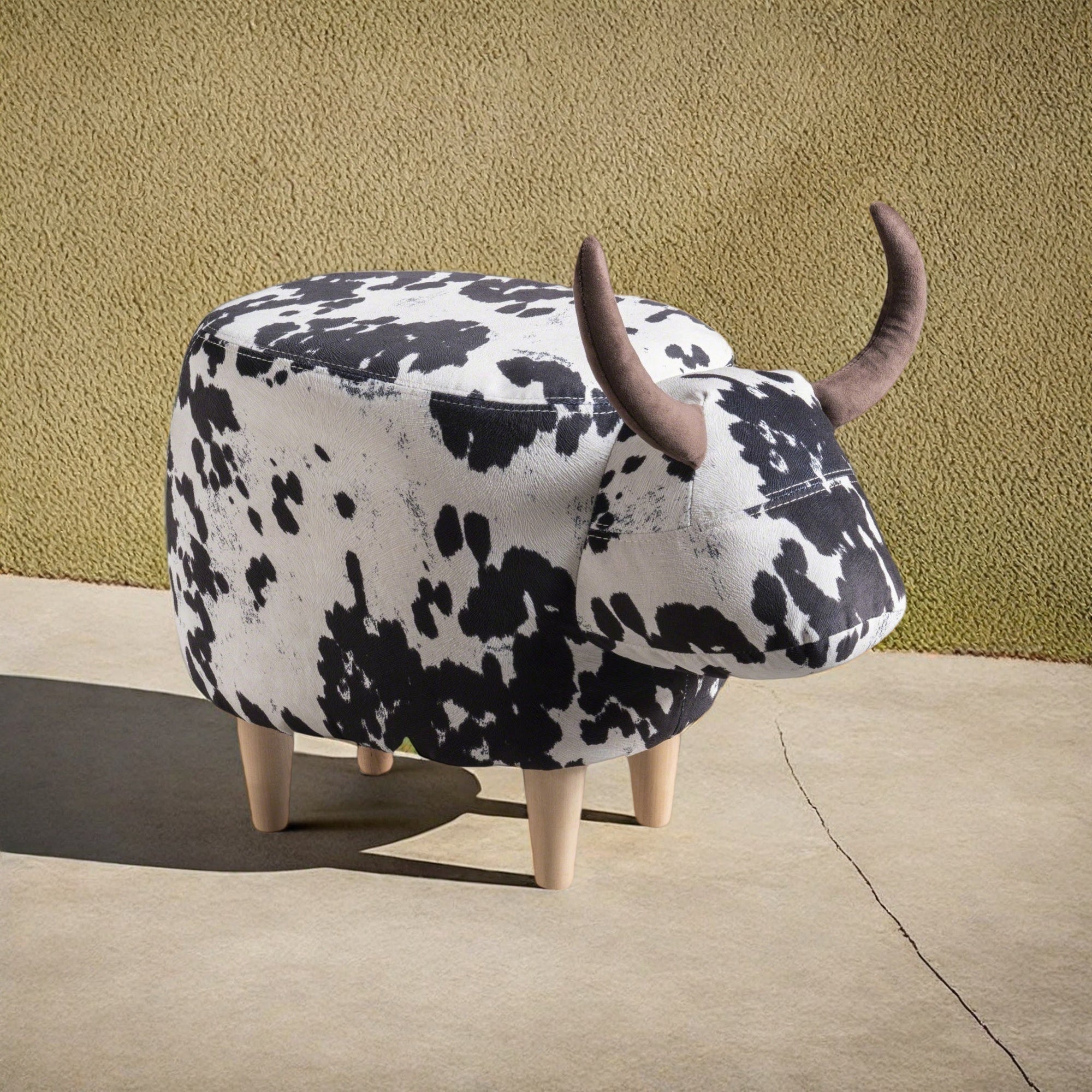 Cow-Shaped Ottoman Footstool, Black and White Modern Accent Stool with Velvet Horns, Fabric Body, Birch Legs - Grand Goldman Shop