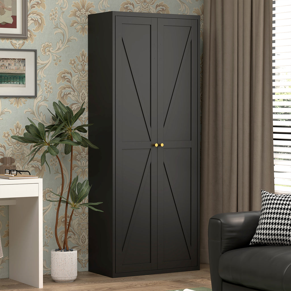 Black Metal Kitchen Pantry Cabinet with Adjustable Shelves and Gold Handles, Tall Steel Storage Locker for Kitchen, Living Ro