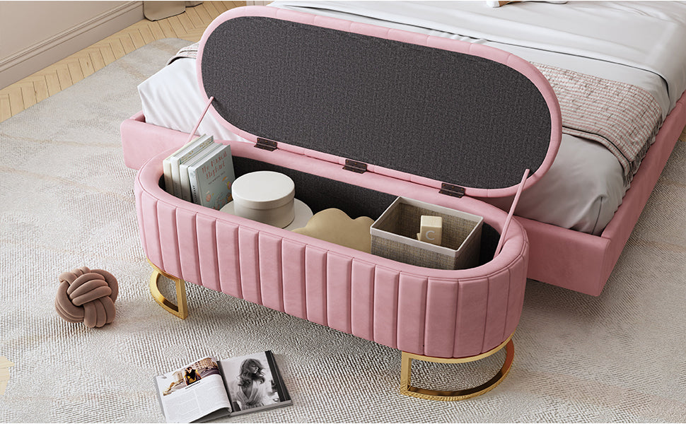 Elegant Upholstered Velvet Storage Ottoman with Button-Tufted,Storage Bench with Metal Legs for Bedroom,Living Room,Fully Assembled Except Legs,Pink - Grand Goldman Shop