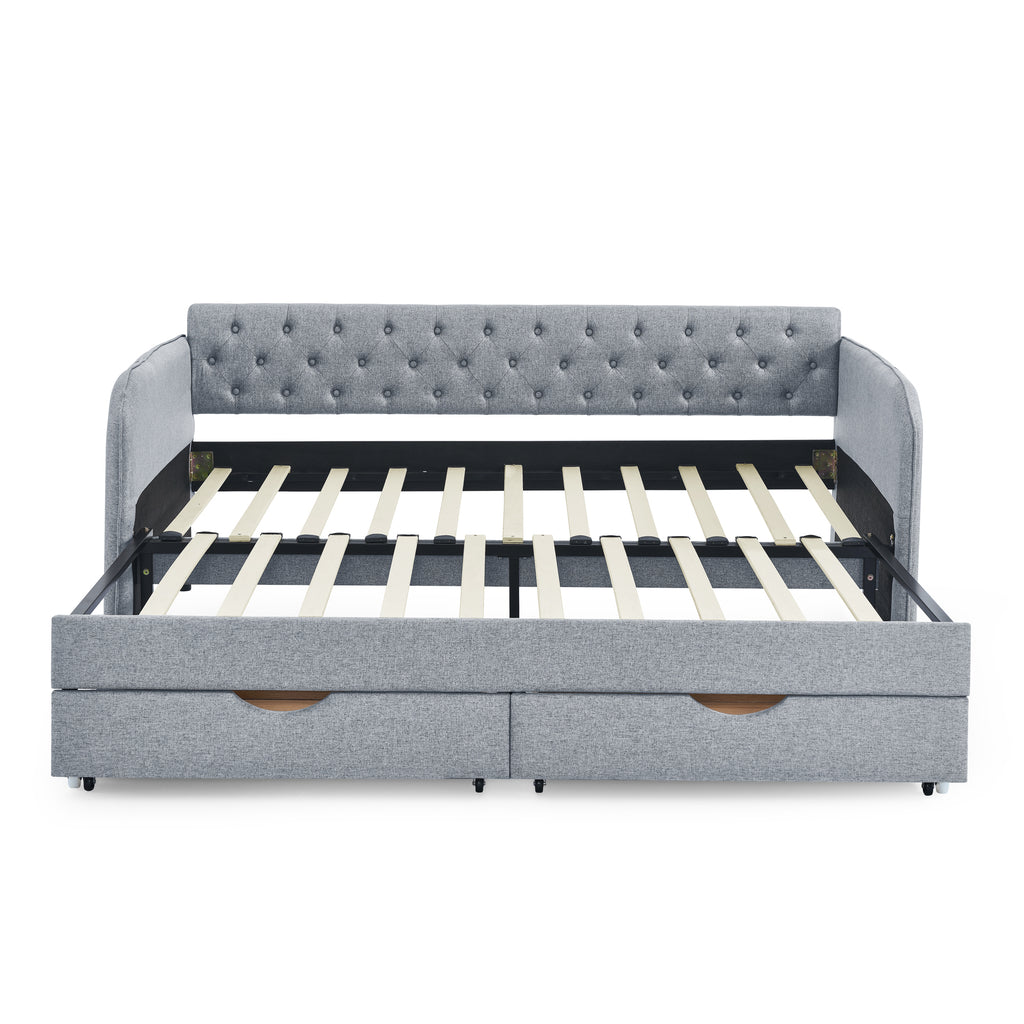 Linen Grey Mid-Century Style Twin Daybed with Trundle and Storage Drawers, Flat Arms with Pocket, Extendable for Bedroom or Living Room - Grand Goldman Shop