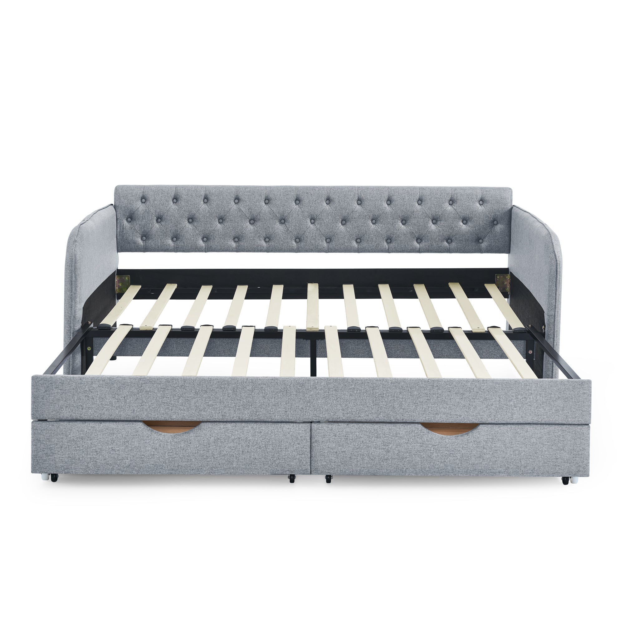 Linen Grey Mid-Century Style Twin Daybed with Trundle and Storage Drawers, Flat Arms with Pocket, Extendable for Bedroom or Living Room - Grand Goldman Shop
