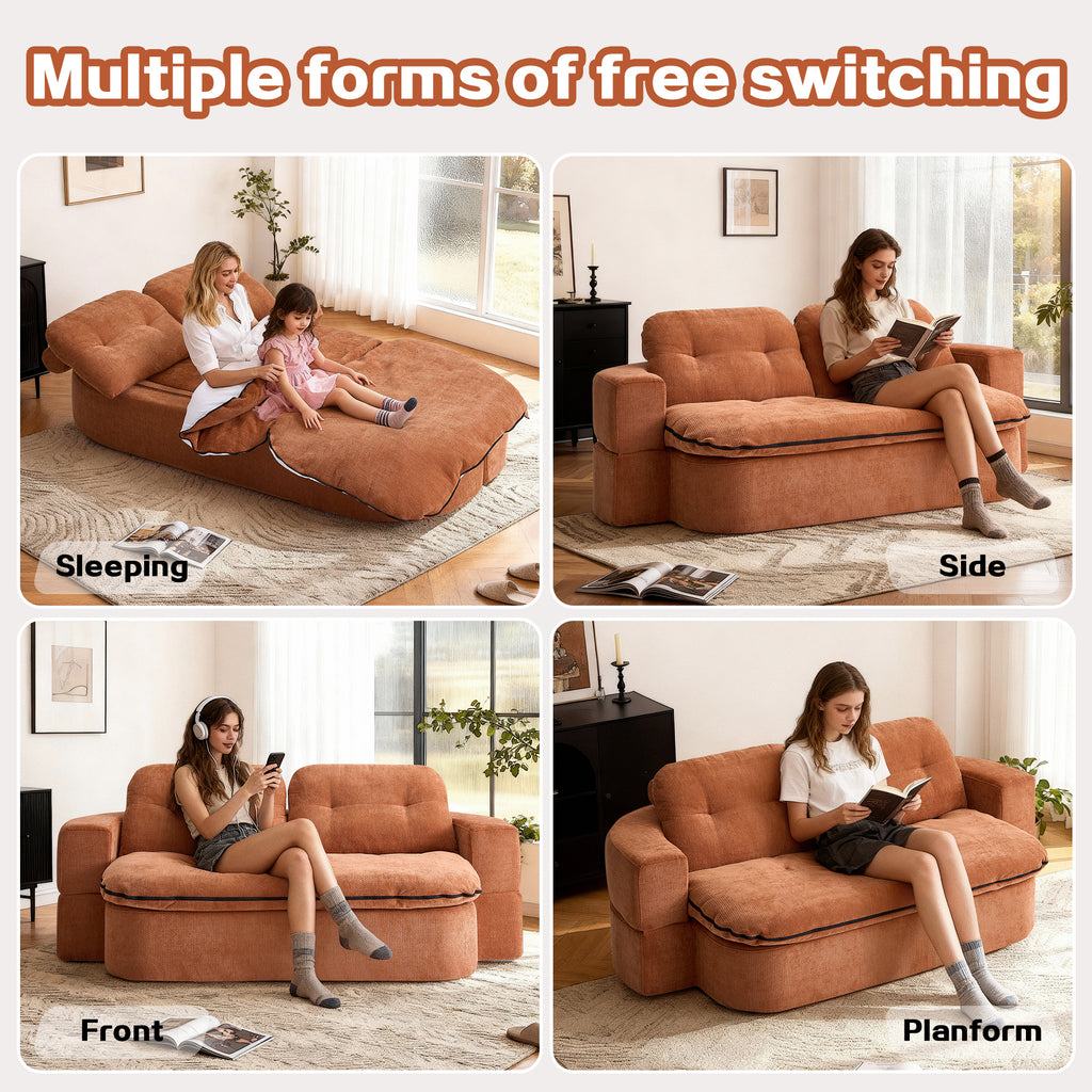 Modern Floor Sofa with 2 Pillows,Convertible Corduroy Fabric Foam-Filled Sleeper Sofa Bed, no assembly required,Convertible Sofa Cushion Unfolds into Quilt,Folding Mattress for Living Room,Playroom - Grand Goldman Shop