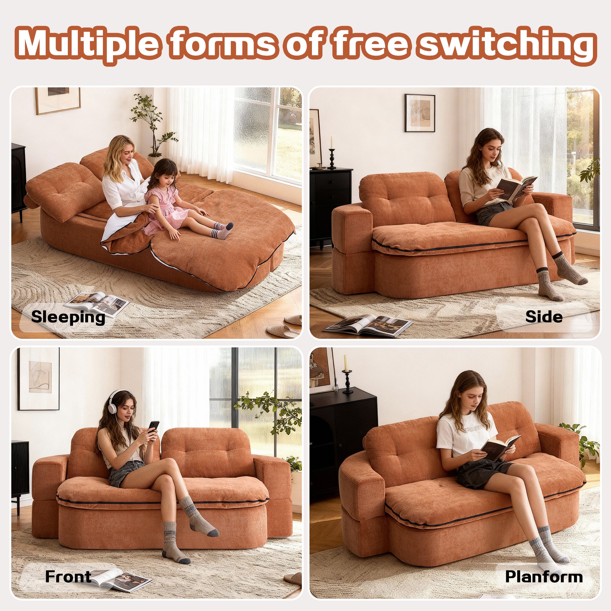 Modern Floor Sofa with 2 Pillows,Convertible Corduroy Fabric Foam-Filled Sleeper Sofa Bed, no assembly required,Convertible Sofa Cushion Unfolds into Quilt,Folding Mattress for Living Room,Playroom - Grand Goldman Shop