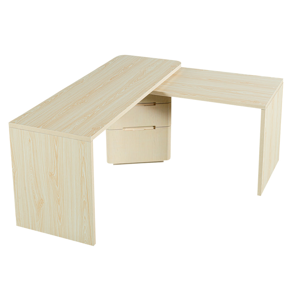 90' Modern L Shaped Desk in Natural Wood with 3 Drawers,360° Wood Rotating Desk,Executive Office Desk,Corner Desk,Office Stud