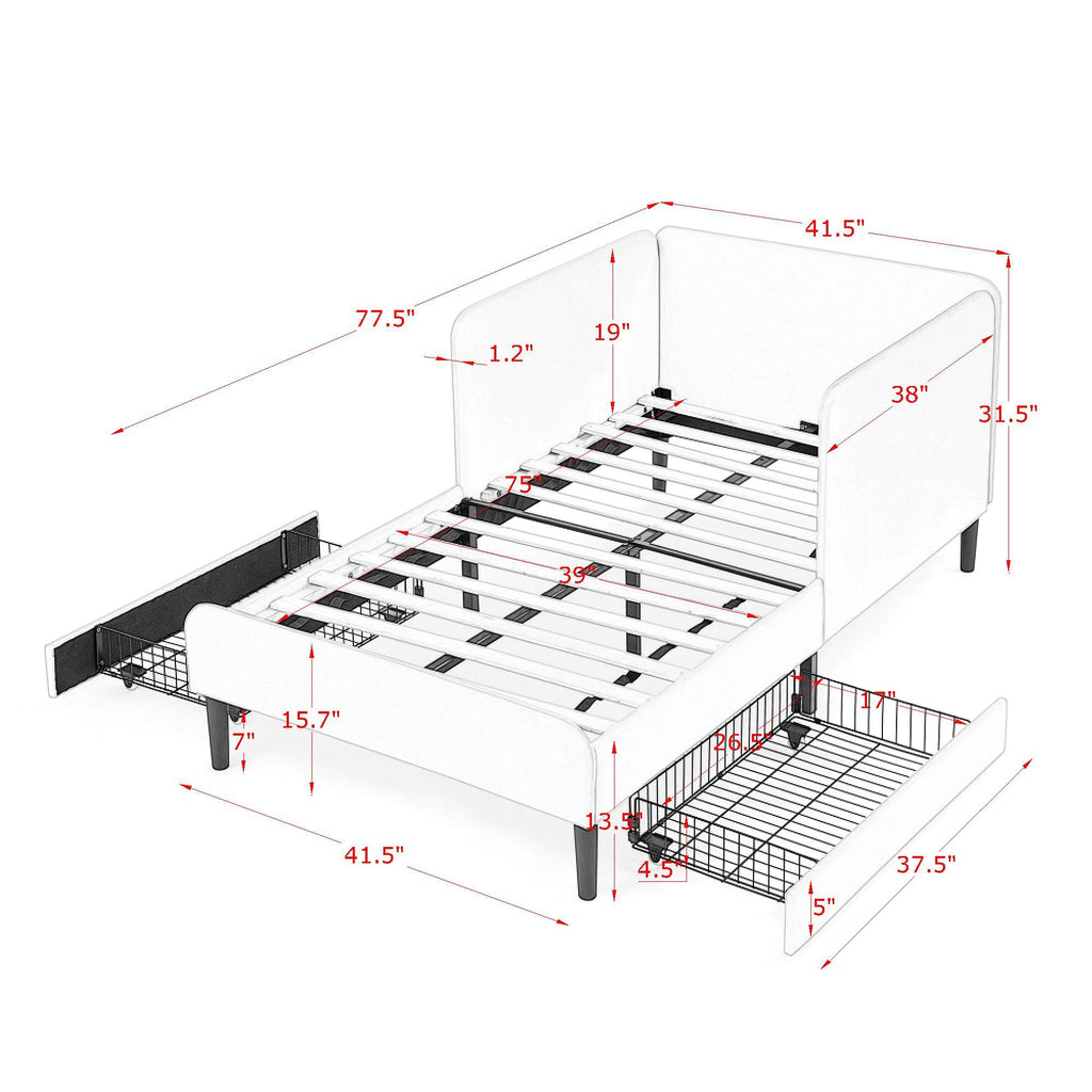 Black Velvet Twin Upholstered Platform Bed Frame with 2 Storage Drawers and Adjustable Sofa Bed - Grand Goldman Shop