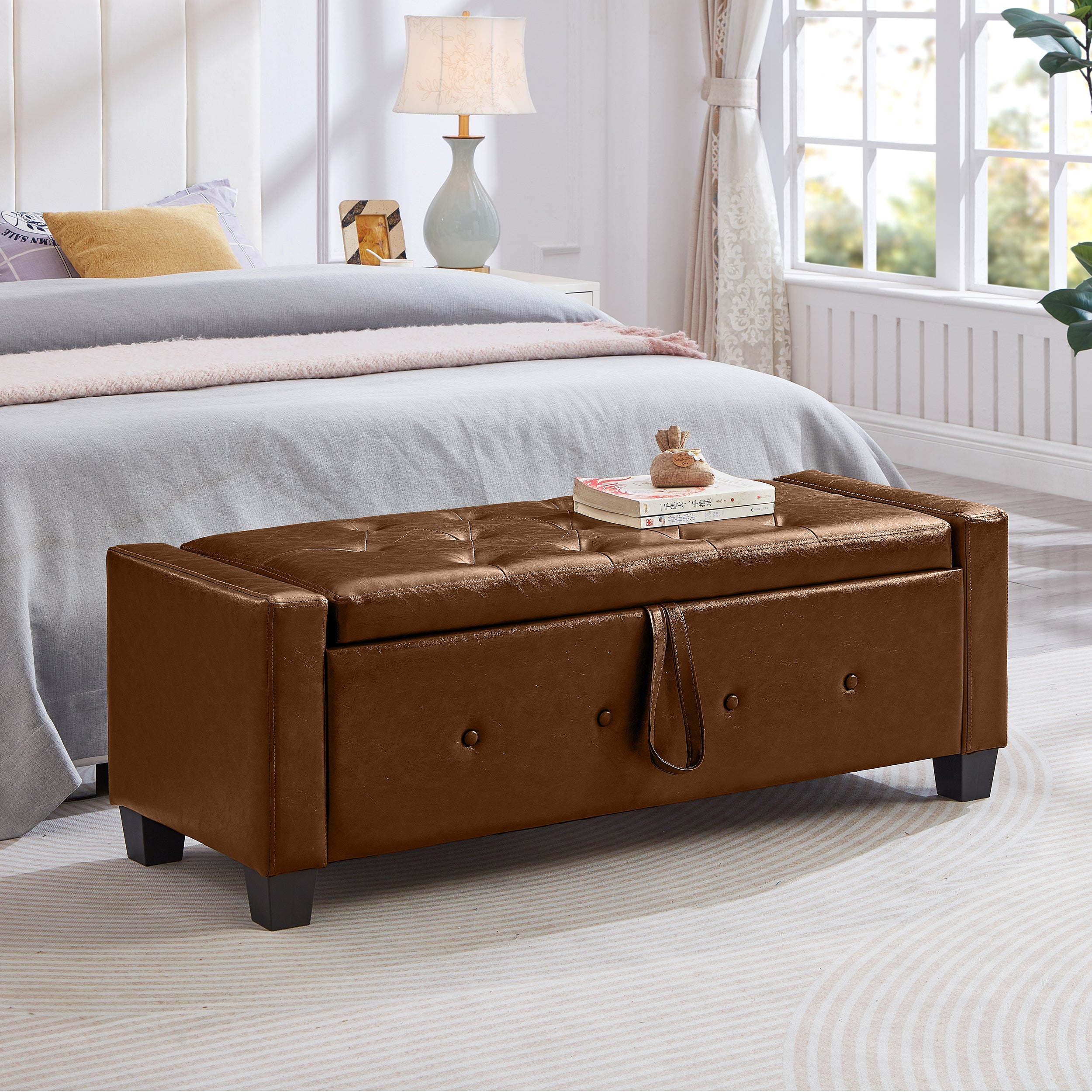 48' Ottoman Bench with Storage, Bench for Bedroom,Living Room,Hallway, Upholstered Tufted Faux Leather PU Ottoman Brown - Grand Goldman Shop