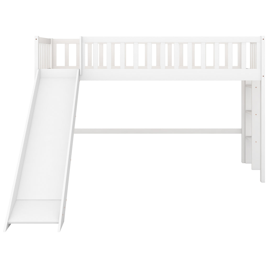 Twin Size Low Loft Bed with Ladder and Slide,White(OLD SKU:WF196418AAK) - Grand Goldman Shop