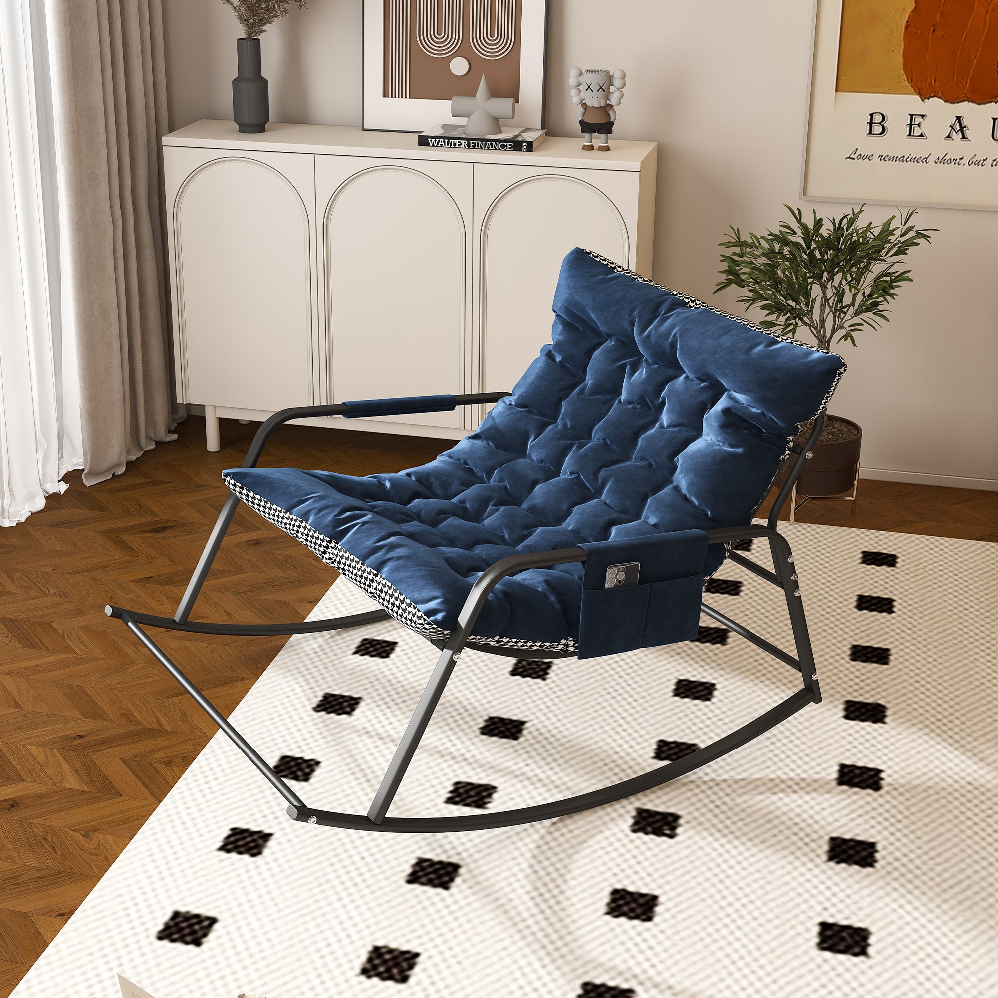 Blue Rocking Chair with Storage, Cushions & Armrests, All-Season Comfort Lounge Recliner, Breathable Ergonomic Lounge Chair for Bedroom, Living Room, Patio, Garden - Grand Goldman Shop