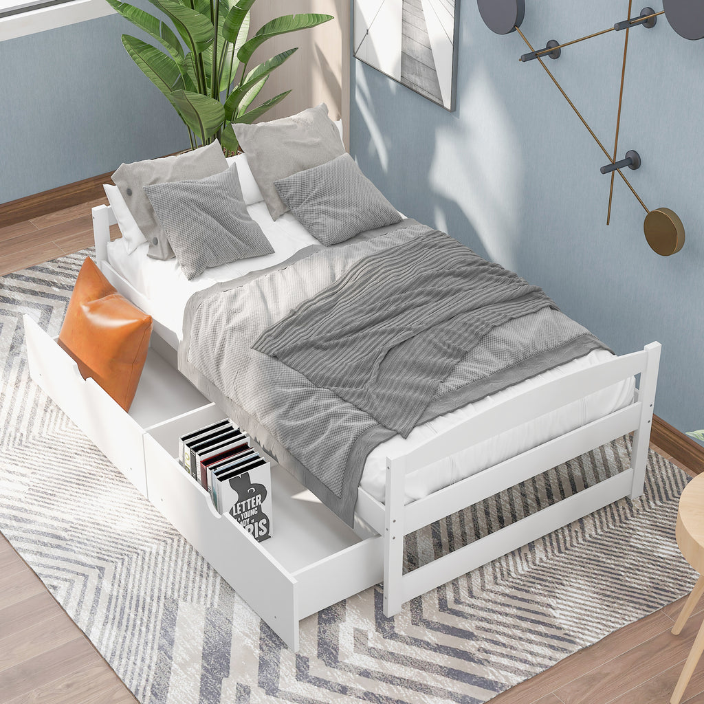 White Twin Size Platform Bed with Two Drawers, Pine Wood and MDF, 77.1''L x 40.7''W x 23.1''H - Grand Goldman Shop