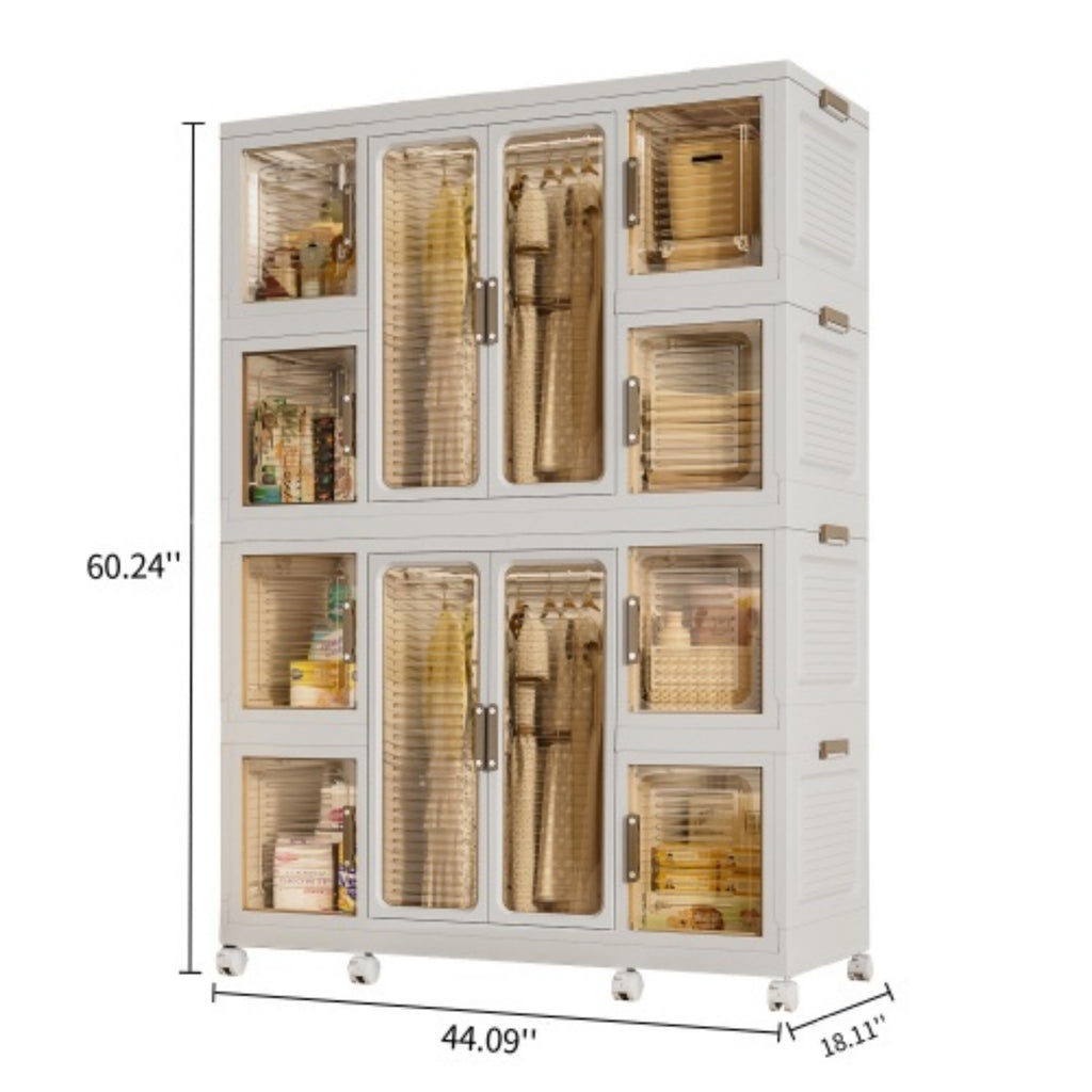Portable Wardrobe Closet Storage Organizer for Clothes with Magnetic Doors, 12 Cubes & 2 Hanging Rods, White - Grand Goldman Shop