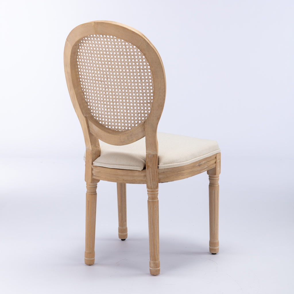 A&A Furniture,French Style Solid Wood Frame Antique Painting Linen Fabric Rattan Back Dining Chair,Set of 2,Cream,Beige - Grand Goldman Shop