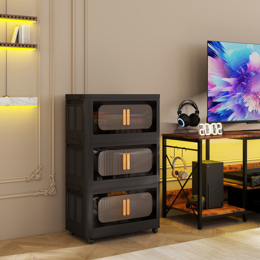 Folding Storage Cabinet 5-Tier 24-Inch Wide Black Plastic with Magnetic Doors and Wheels - Grand Goldman Shop