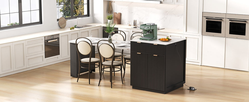K&K 82.6' Fluted Kitchen Island with Extendable Dining Table for 4-6, Island Table for Kitchen with Power Outlet, Kitchen Table with Double-Side Storage, 2 Drawers 2 Side Open Shelves, Black - Grand Goldman Shop