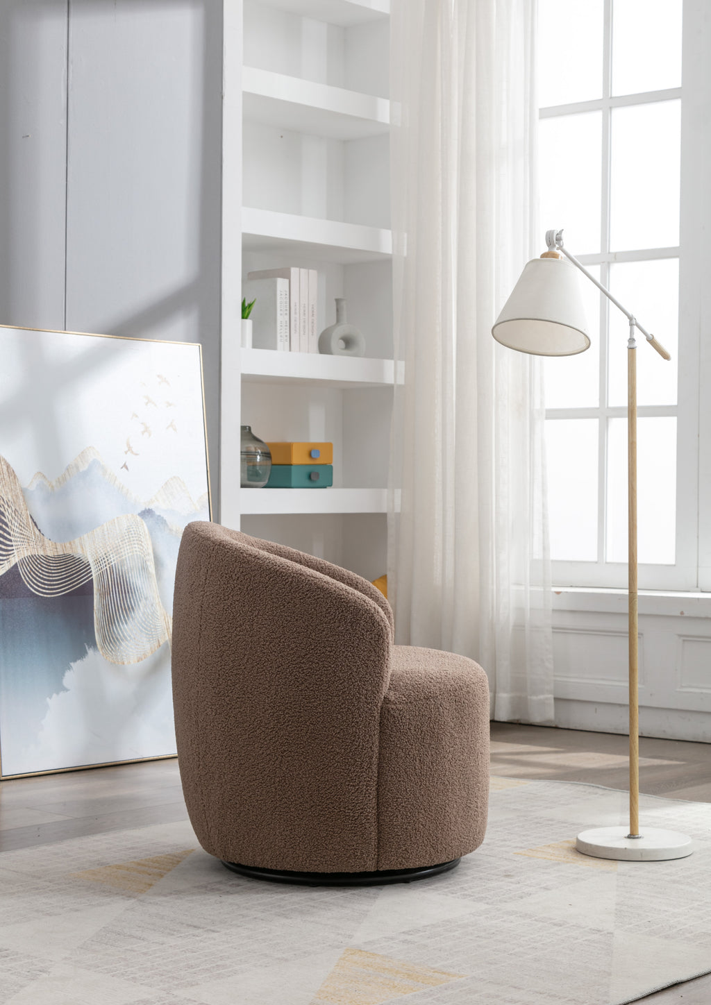 Teddy Fabric Swivel Accent Armchair Barrel Chair With Black Powder Coating Metal Ring,Coffee Brown - Grand Goldman Shop