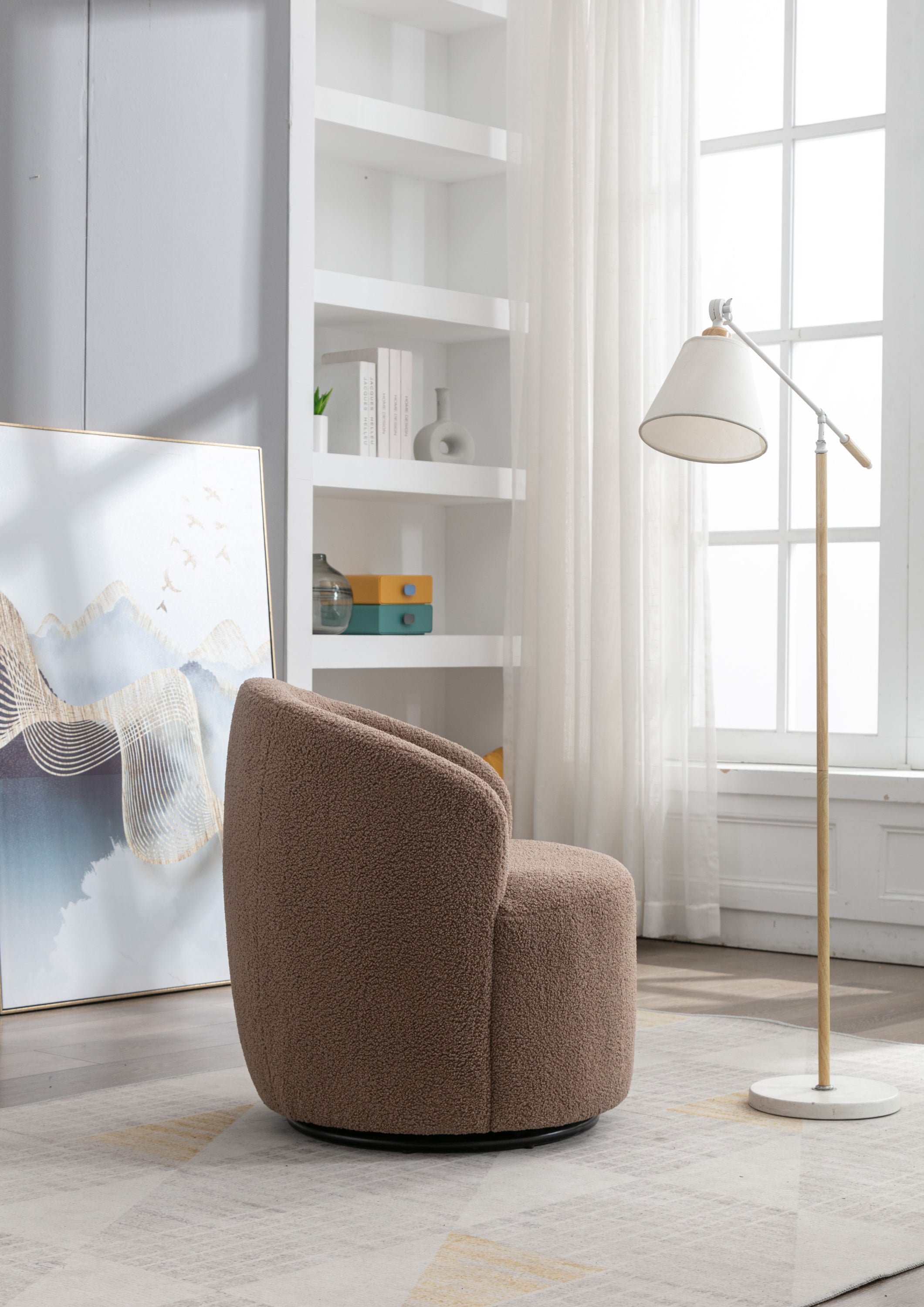 Teddy Fabric Swivel Accent Armchair Barrel Chair With Black Powder Coating Metal Ring,Coffee Brown - Grand Goldman Shop