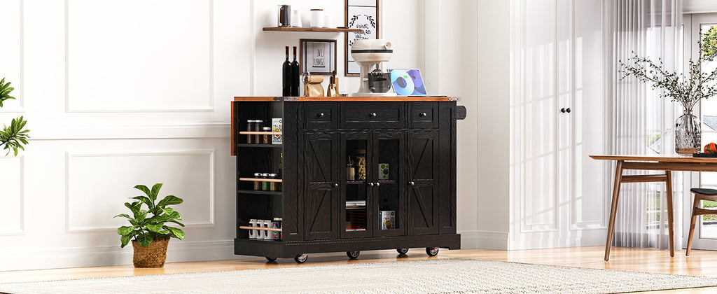 K&K 53'' Farmhouse Kitchen Island with Two Tempered Glass Cabinet Doors, Power Outlet, Rolling Kitchen Cart on Wheels with Drop Leaf, 5 Open Side Racks, 3 Drawers, for Kitchen, Dining Room, Black - Grand Goldman Shop