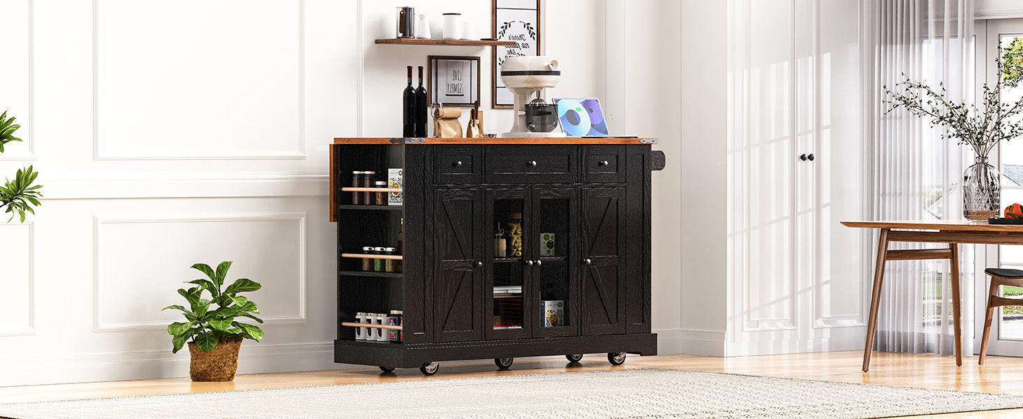K&K 53'' Farmhouse Kitchen Island with Two Tempered Glass Cabinet Doors, Power Outlet, Rolling Kitchen Cart on Wheels with Drop Leaf, 5 Open Side Racks, 3 Drawers, for Kitchen, Dining Room, Black - Grand Goldman Shop