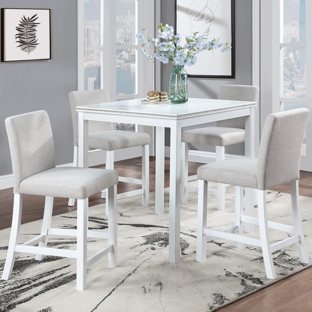 5 Piece Counter Height Table Set, Wooden Kitchen Table Set with Square Table and 4 Upholstered Chairs, Counter Height Dining Table with Crystal Decoration and Chair Set for Kitchen, Dining Room, White - Grand Goldman Shop