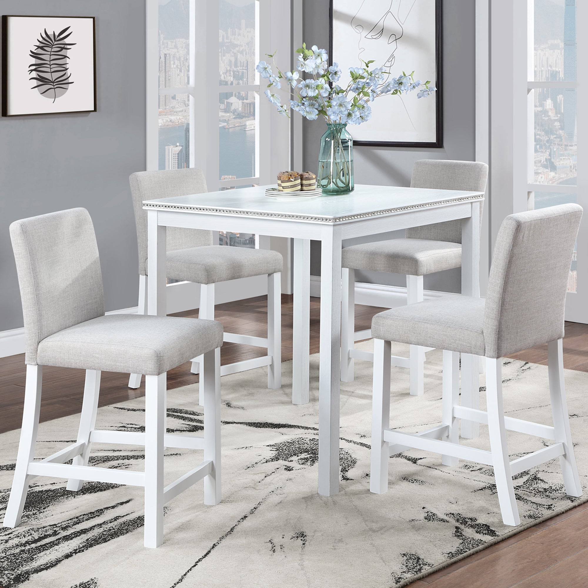 5 Piece Counter Height Table Set, Wooden Kitchen Table Set with Square Table and 4 Upholstered Chairs, Counter Height Dining Table with Crystal Decoration and Chair Set for Kitchen, Dining Room, White - Grand Goldman Shop
