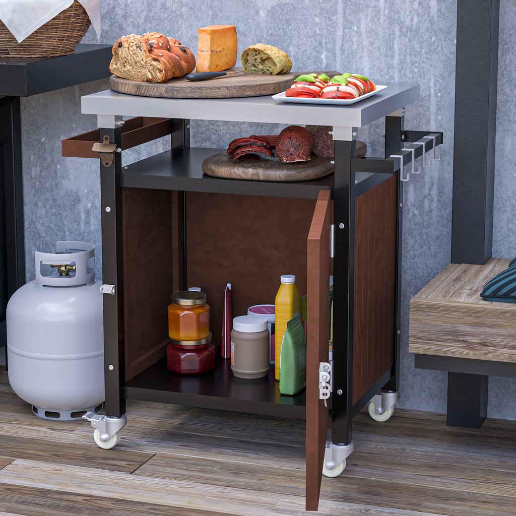 Outdoor Grill Cart with Stainless Steel Tabletop, Storage, Patio Kitchen Island with Wheels, Hooks, and Spice Rack, Waterproof Outdoor Grill Table, Movable BBQ Serving Cart Rolling Bar Cart - Grand Goldman Shop