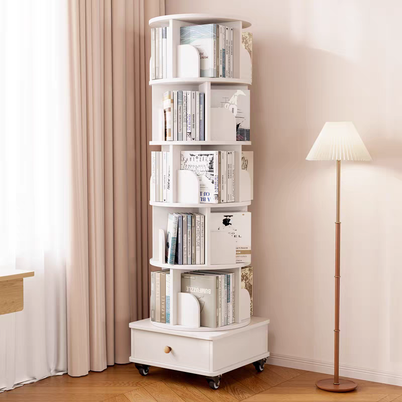 Rotating Bookshelf with Drawer, 360 Display 6 Tier Corner Bookshelf for Small Space, Floor Standing Bookcase Storage Rack, Wood Narrow Organizer for Bedroom, Living Room (WHITE) - Grand Goldman Shop