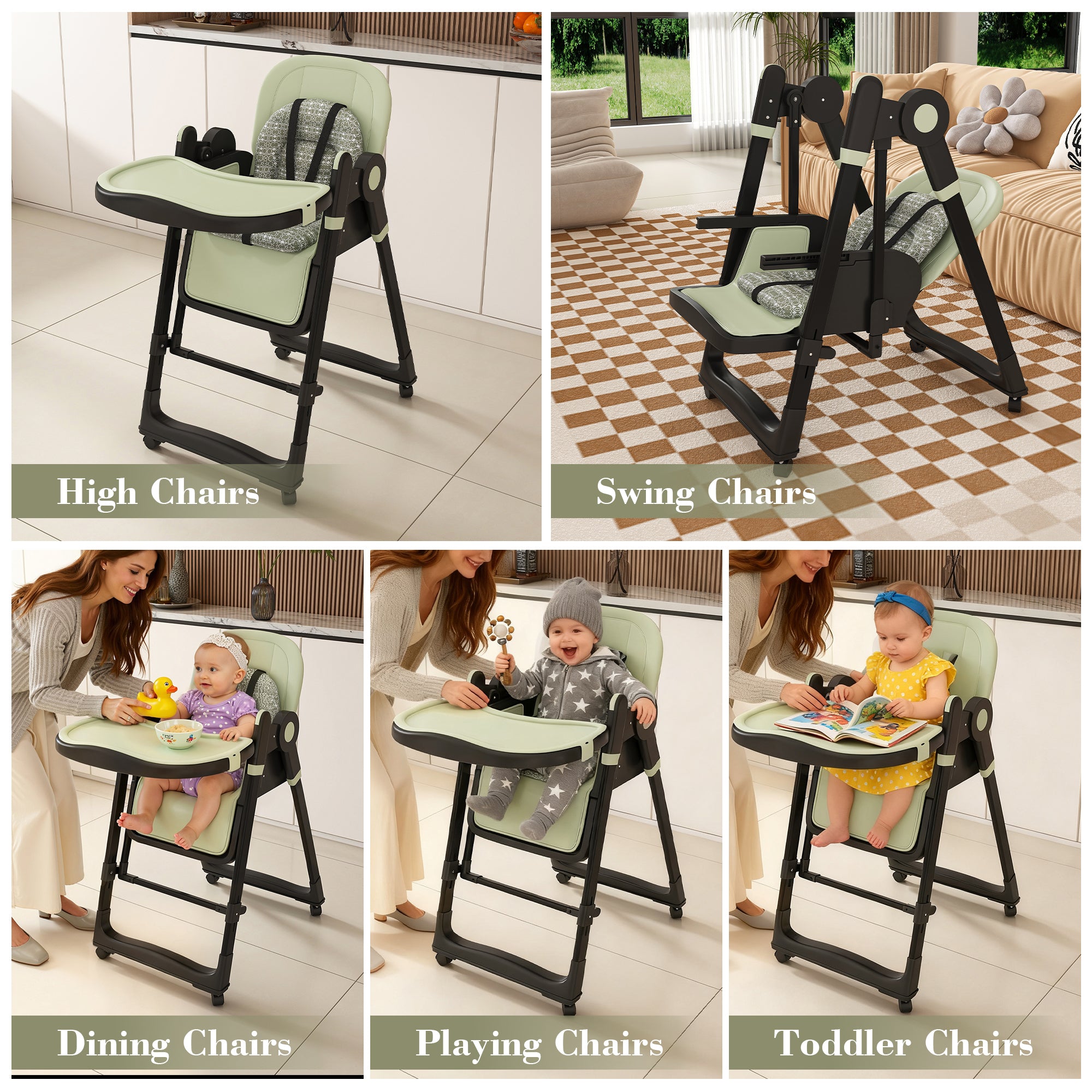 Convertible Baby High Chair to Rocker with 5-Point Harness, Foldable Infant Feeding Chair in Dark Green with Removable 2-Tier