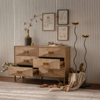 47.24' Light Wood 6-Drawer Dresser - Geometric Relief Chest of Drawers with Gold Metal Legs, Modern Sideboard Console Table for Living Room/Bedroom - Grand Goldman Shop