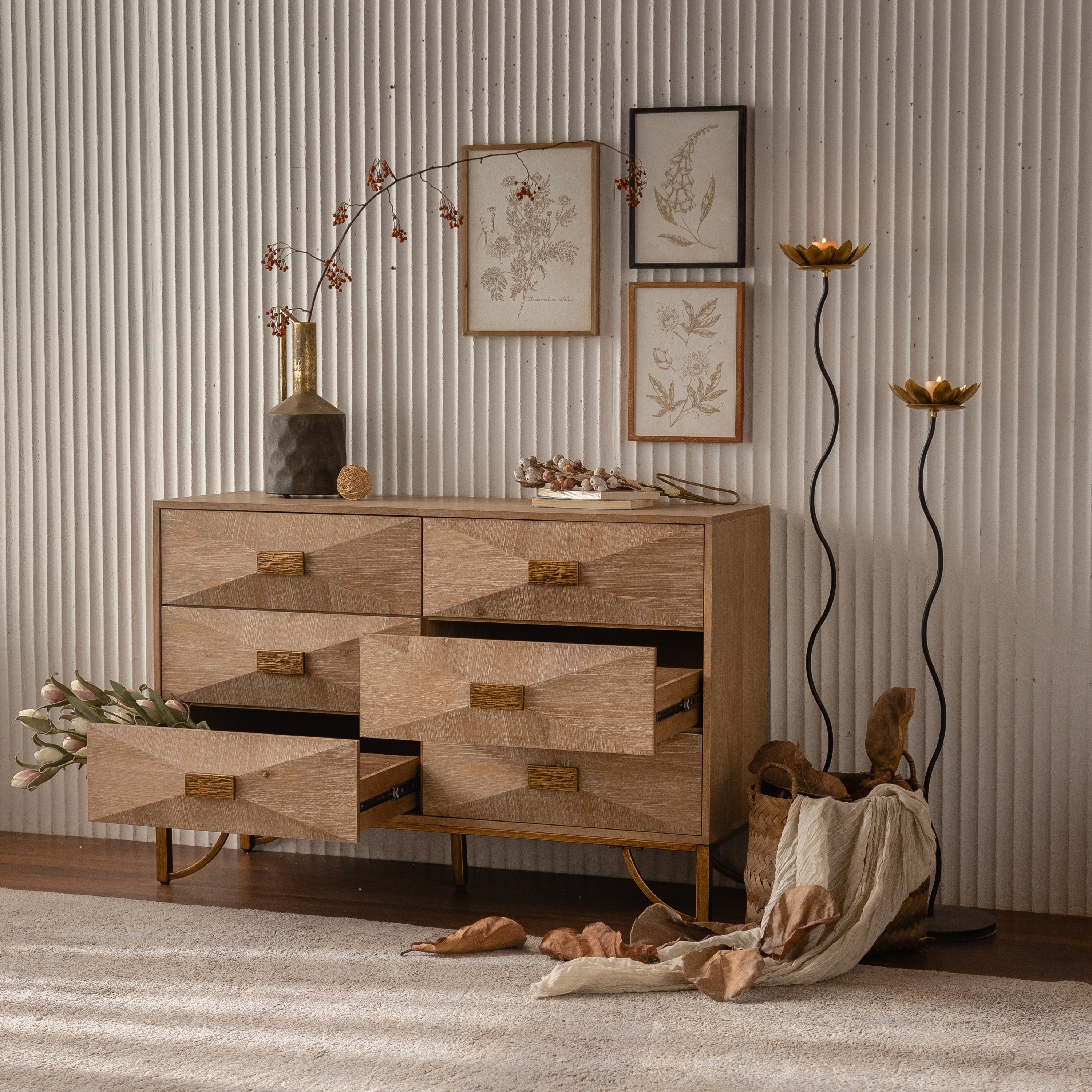 47.24' Light Wood 6-Drawer Dresser - Geometric Relief Chest of Drawers with Gold Metal Legs, Modern Sideboard Console Table for Living Room/Bedroom - Grand Goldman Shop