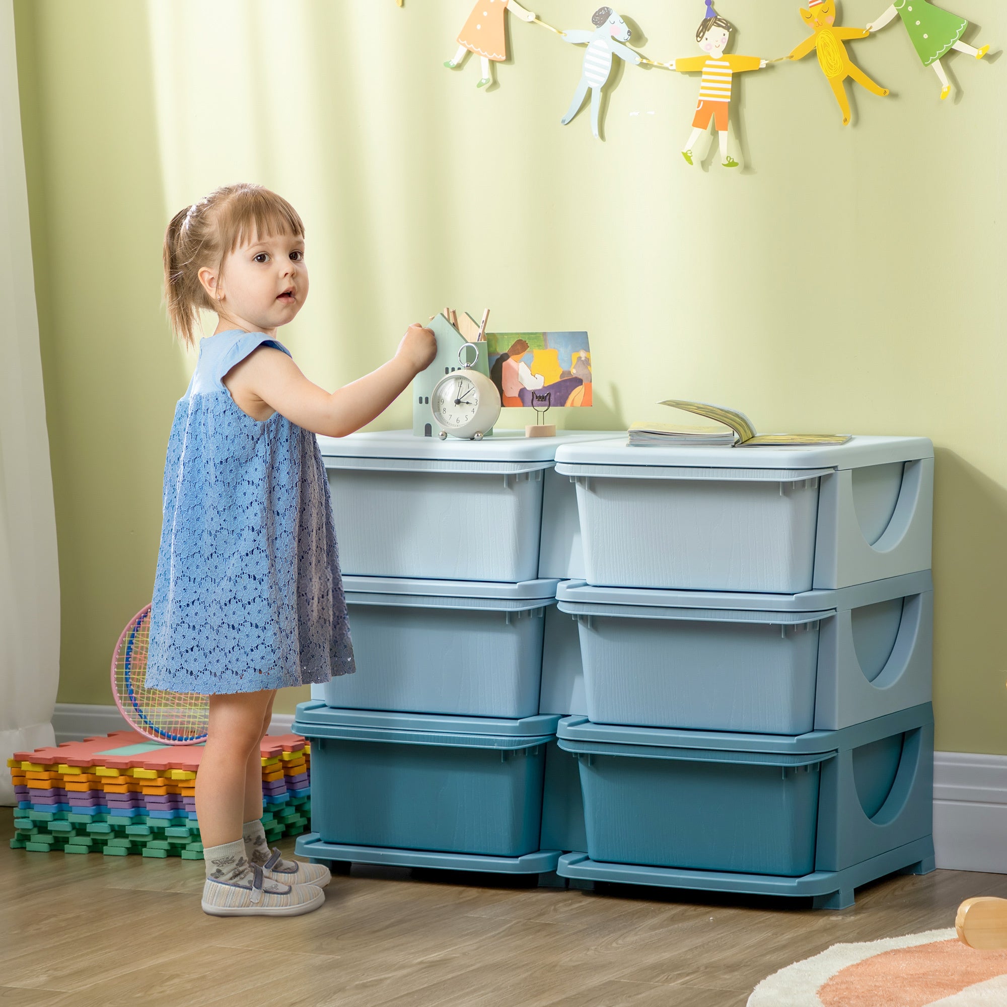 Qaba 3 Tier Kids Storage Unit, 6 Drawer Chest Toy Organizer Plastic Bins for Kids Bedroom Nursery Kindergarten Living Room fo
