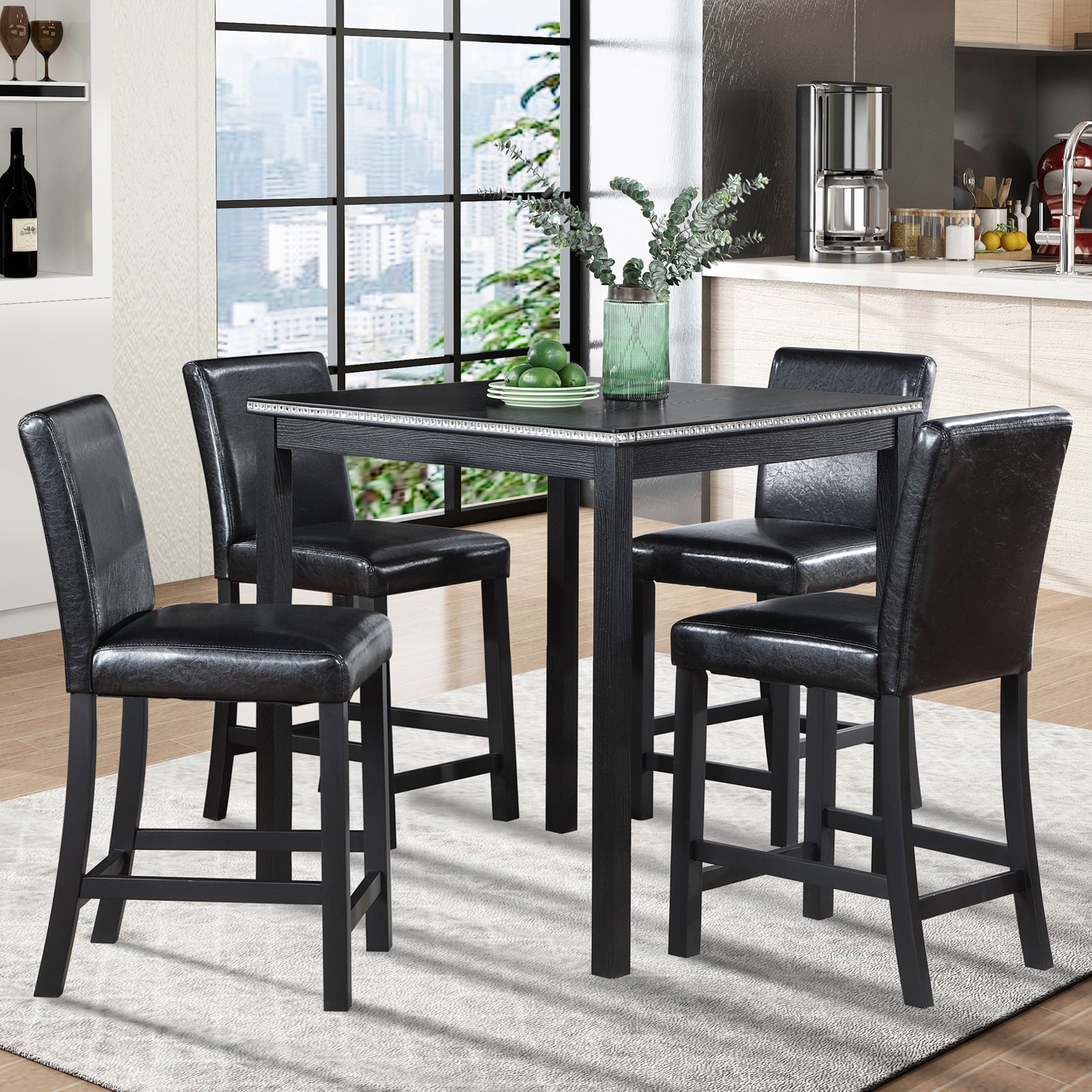 5PCs Counter Height Table Set, Wooden Kitchen Table Set with Square Table and 4 Upholstered Chairs, Counter Height Dining Table with Crystal Decoration and Chair Set for Kitchen, Dining Room, Black - Grand Goldman Shop