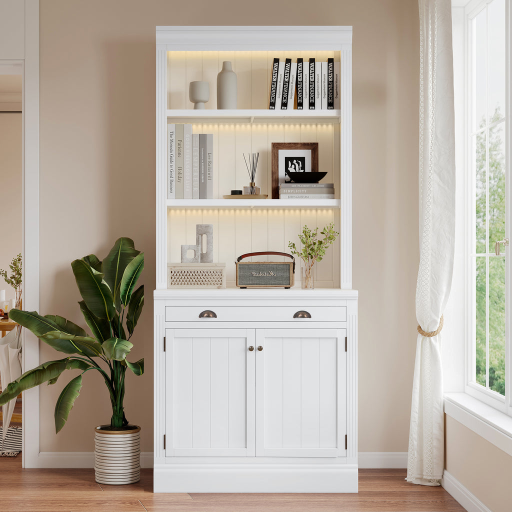 83.4'Tall Bookshelf with 3 pieces LED Lighting, Modern Bookcase with 2 Doors and 1 Drawer,Storage Bookcase with Open Shelves for Living Room,Home Office,White - Grand Goldman Shop