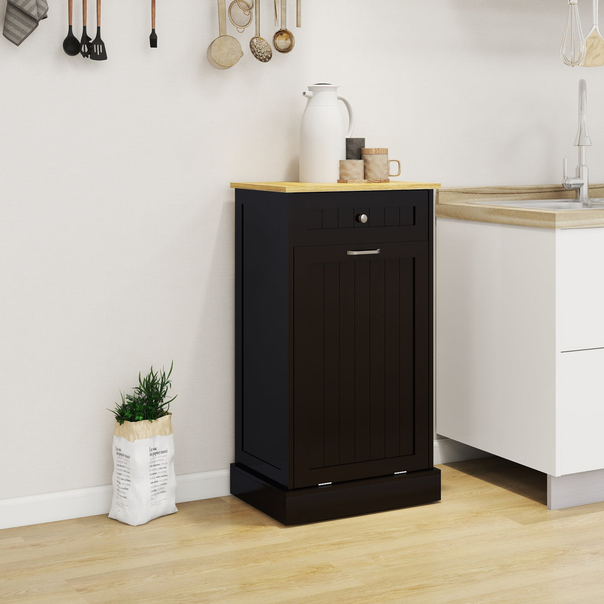 One Drawers and One-Compartment Tilt-Out Trash Cabinet Kitchen Trash Cabinet-Black - Grand Goldman Shop