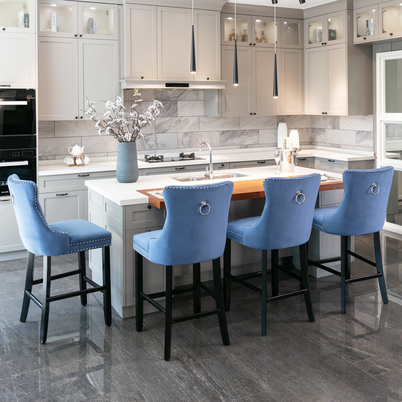 Contemporary Velvet Upholstered Barstools with Button Tufted Decoration and Wooden Legs, and Chrome Nailhead Trim, Leisure Style Bar Chairs,Bar stools, Set of 2 (Blue),SW2002BL - Grand Goldman Shop